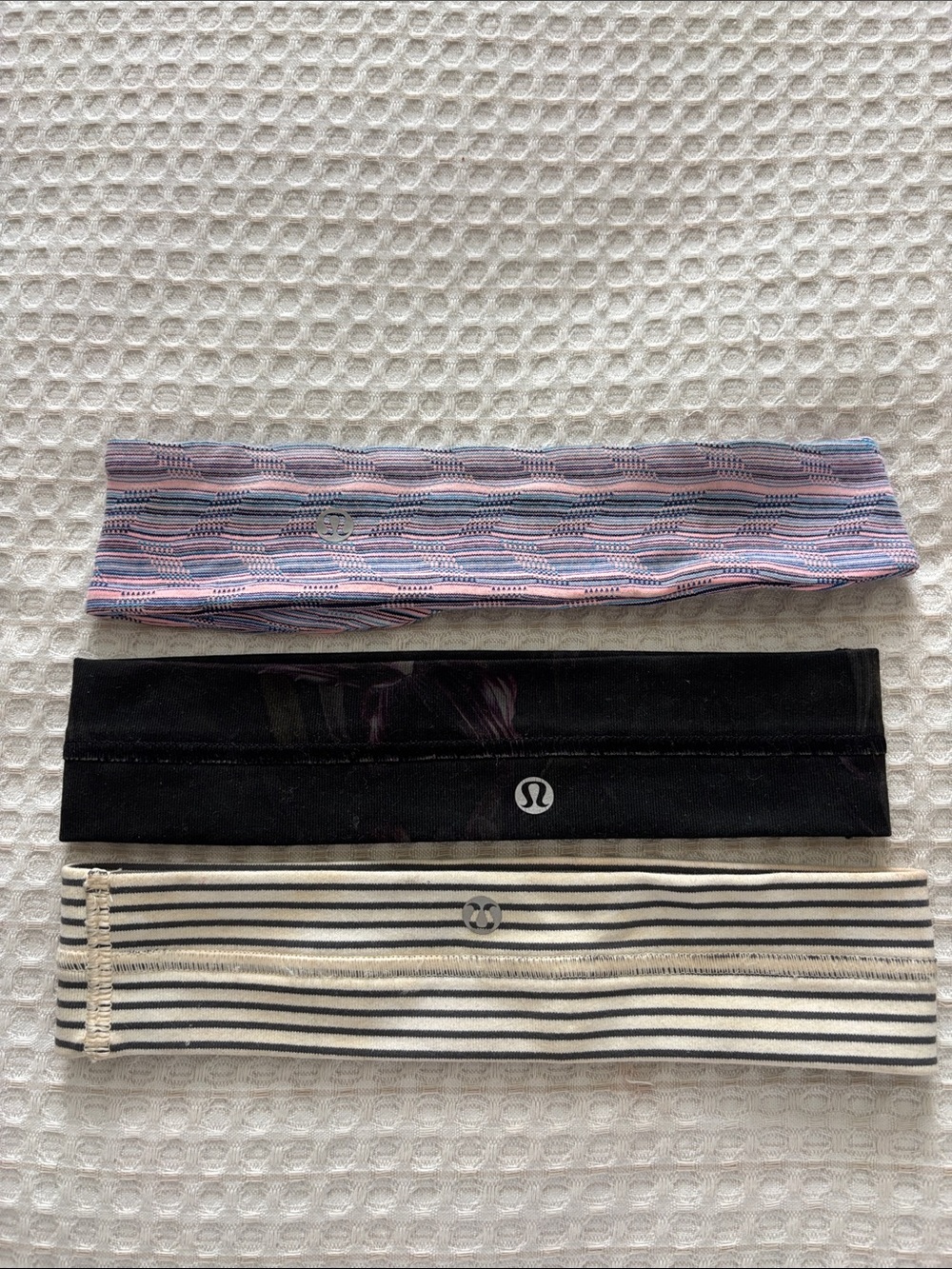 Lululemon Women's Stretch Headband Set - Pink Pattern, Black, Cream/Black Stripe